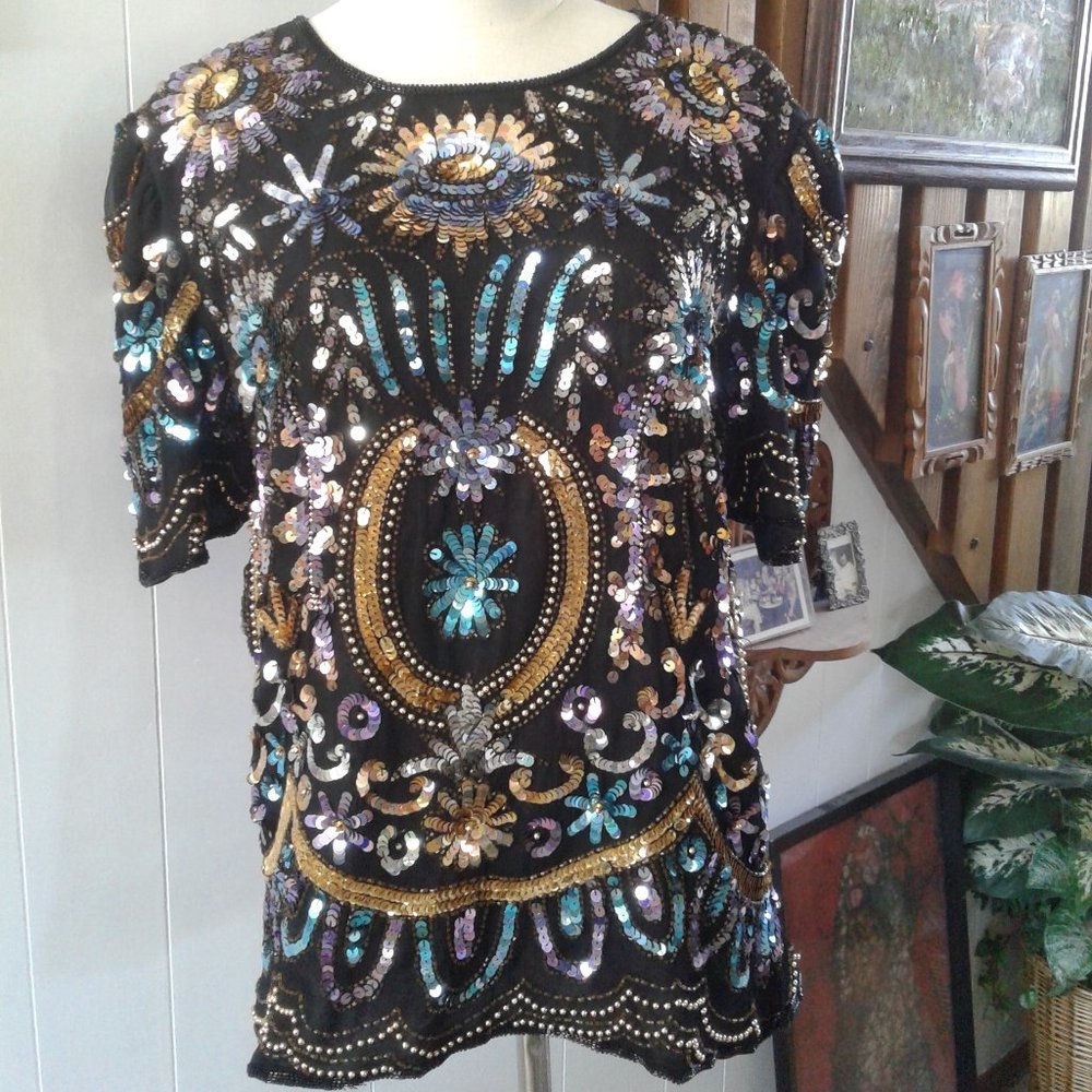Beaded Fancy 80s Vintage Party Top/Blouse. Laurence Kazar